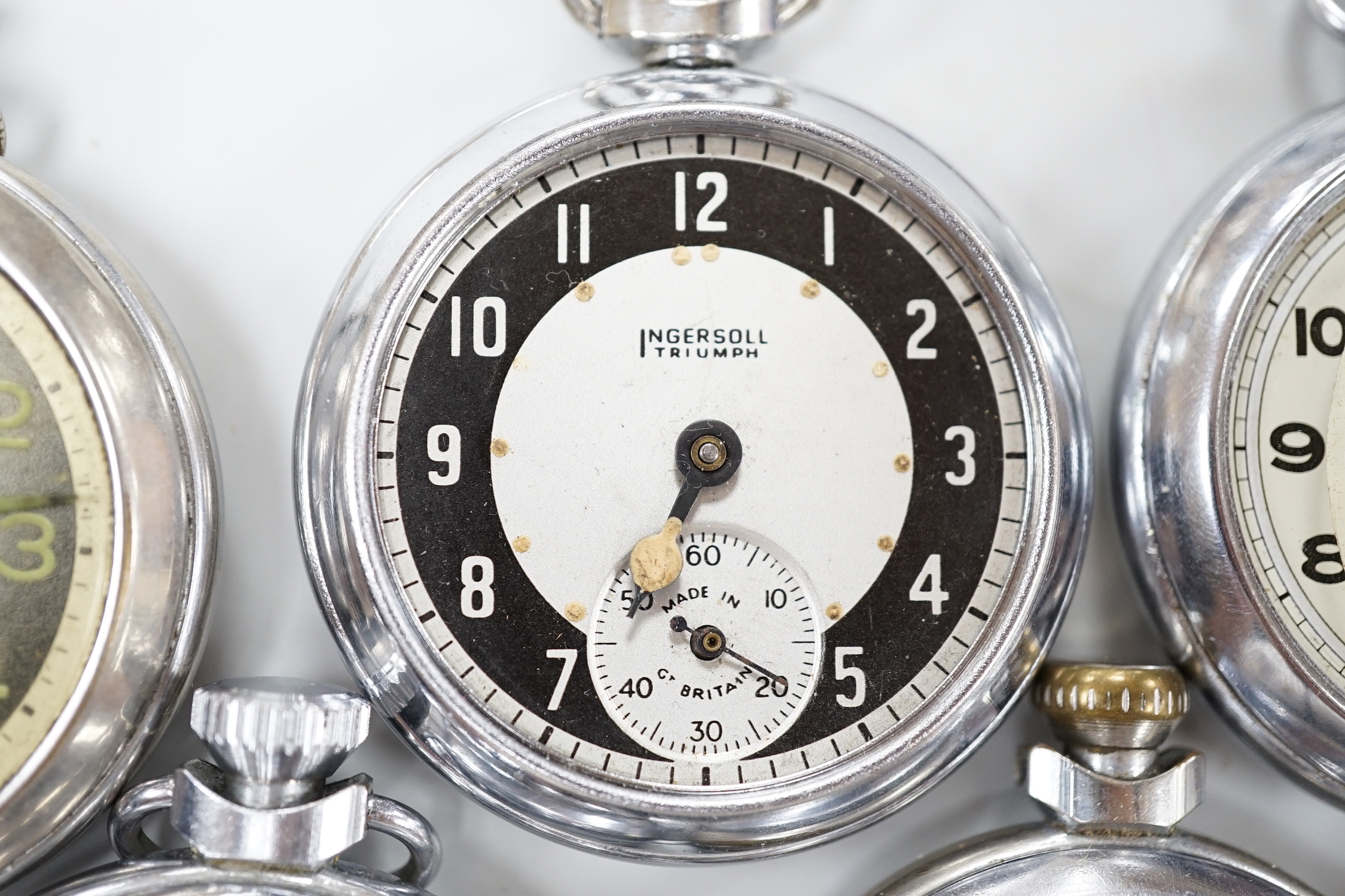 Ten assorted base metal pocket watches including Ingersoll, Services Excel and Smiths.